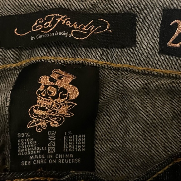 Ed Hardy Rare Crystal Encrusted Love Kills Slowly Skull Bootcut Jeans Sz. 29 NWT - Picture 2 of 14